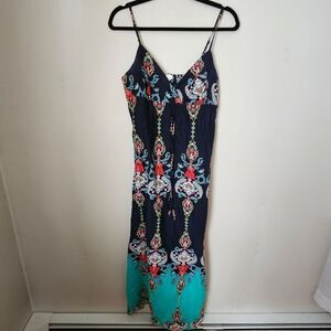 Xhilaration Maxi Dress Spaghetti Strap Navy Blue Printed V-Neck Casual Vacation